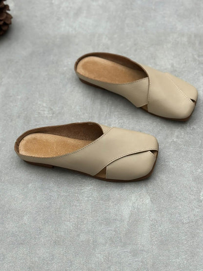 Women Summer Solid Leather Spliced Slippers FA282