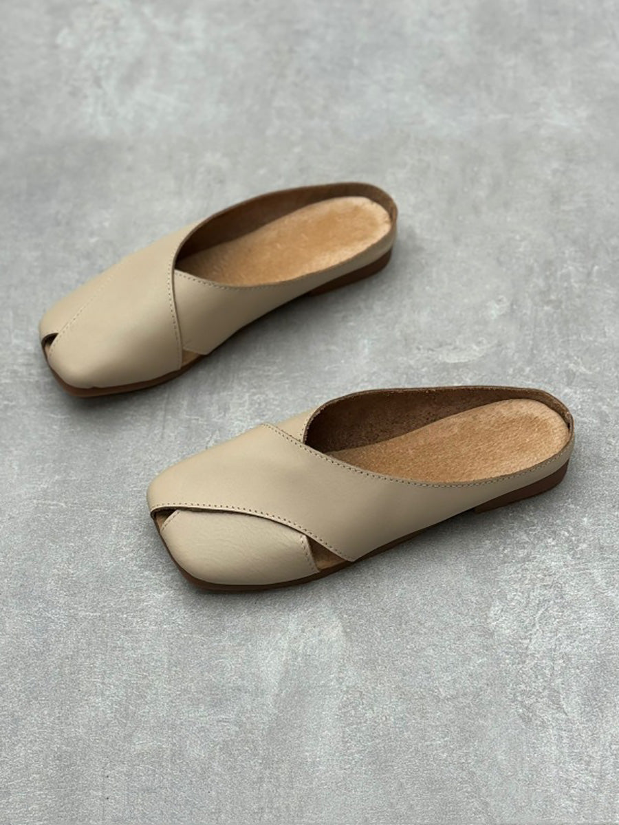 Women Summer Solid Leather Spliced Slippers FA282