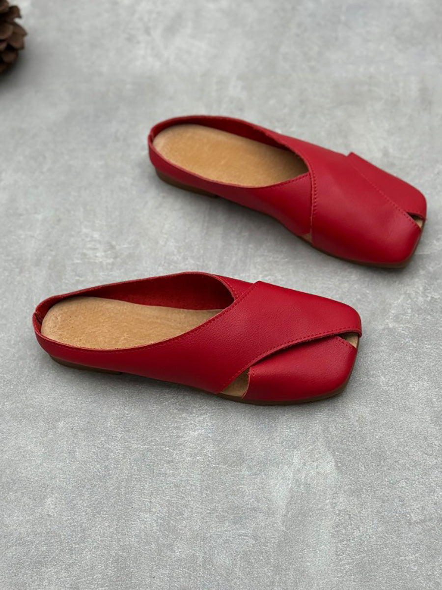 Women Summer Solid Leather Spliced Slippers FA282