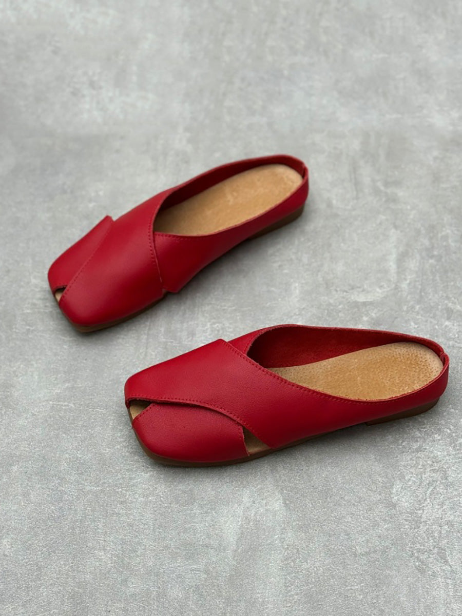 Women Summer Solid Leather Spliced Slippers FA282