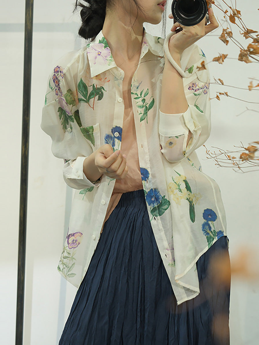 Women Summer Flower Casual Linen Button-up Shirt QW1049
