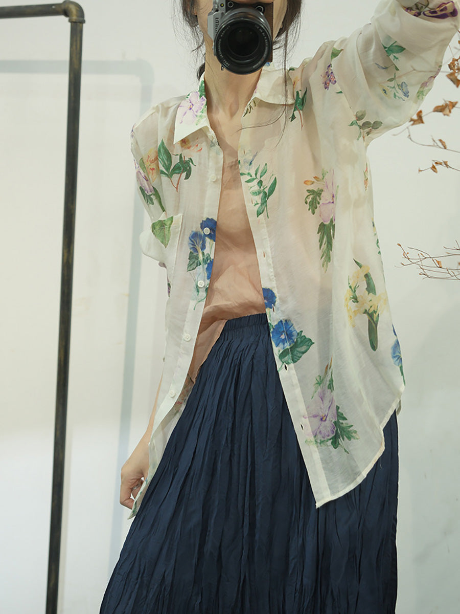 Women Summer Flower Casual Linen Button-up Shirt QW1049