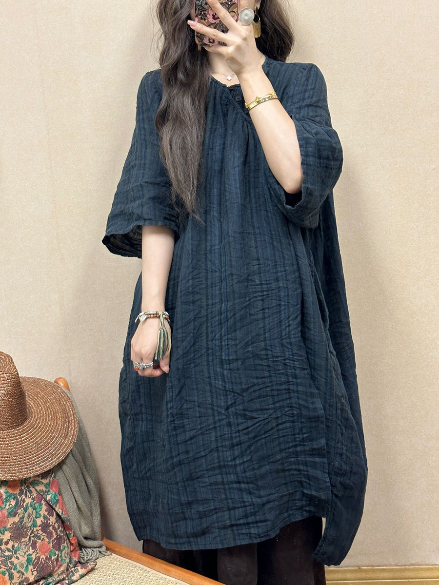 Women Retro Summer Stripe Linen Loose Dress QW1001