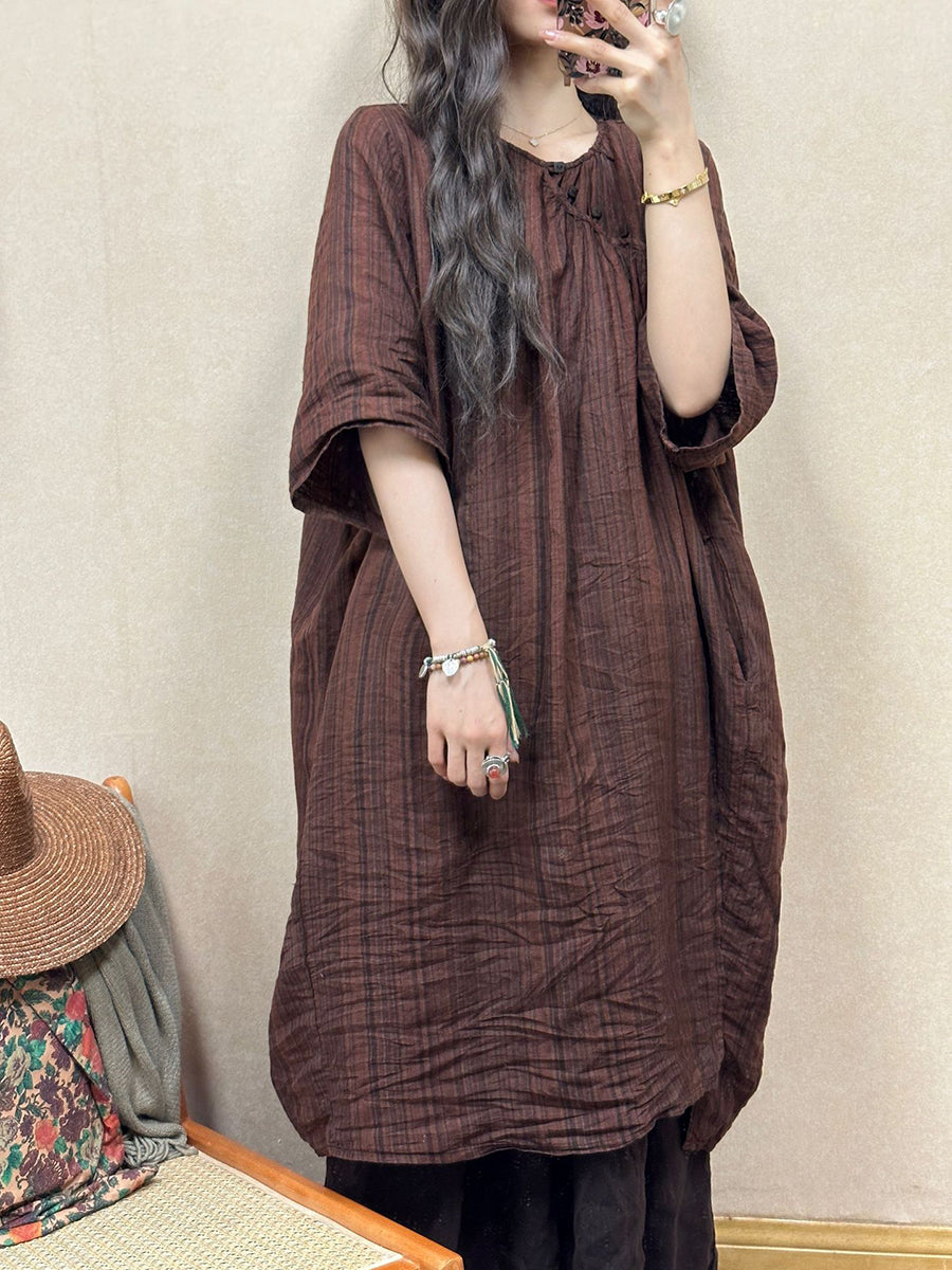 Women Retro Summer Stripe Linen Loose Dress QW1001