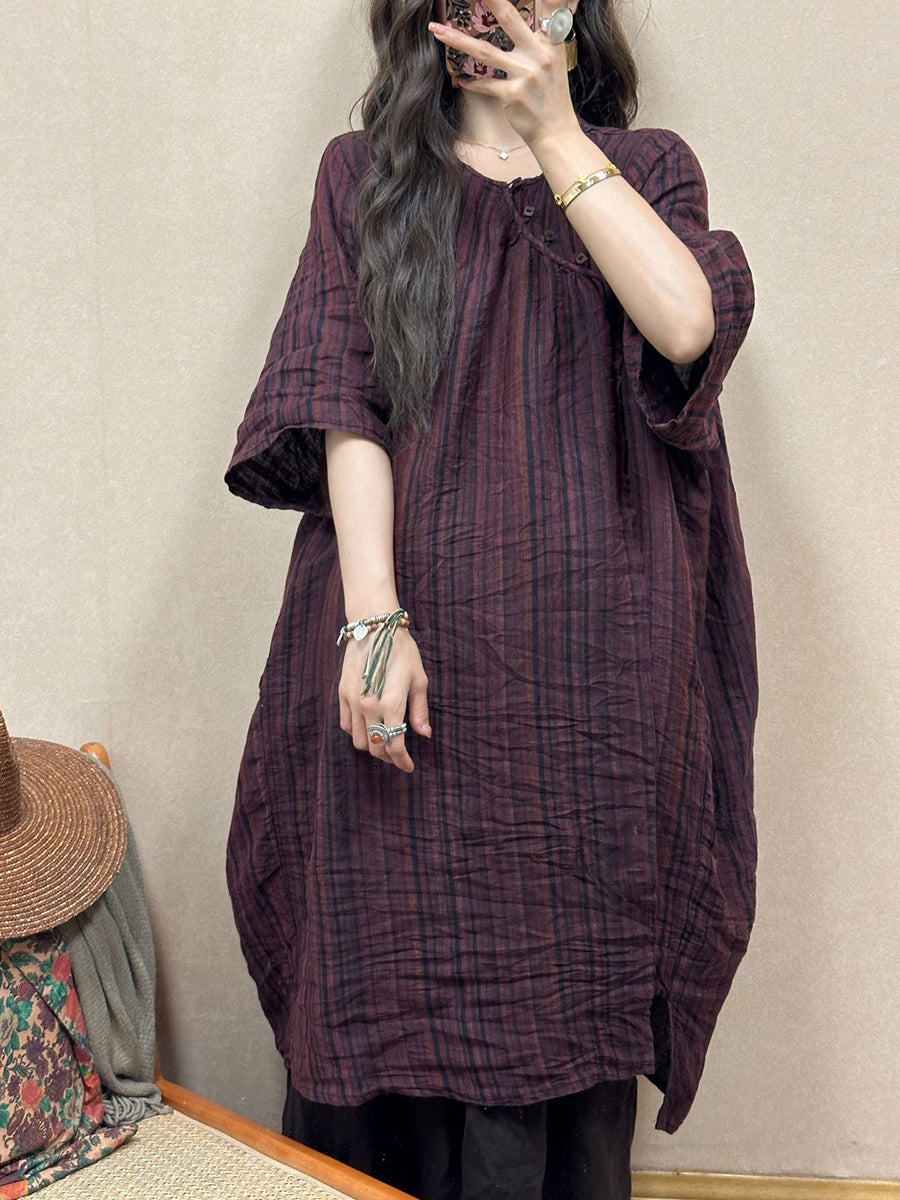 Women Retro Summer Stripe Linen Loose Dress QW1001