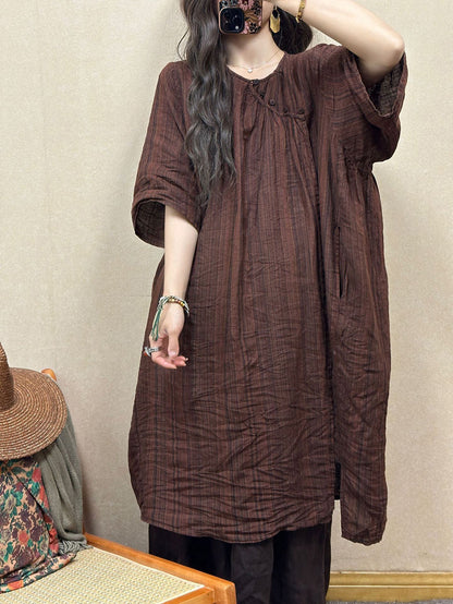 Women Retro Summer Stripe Linen Loose Dress QW1001