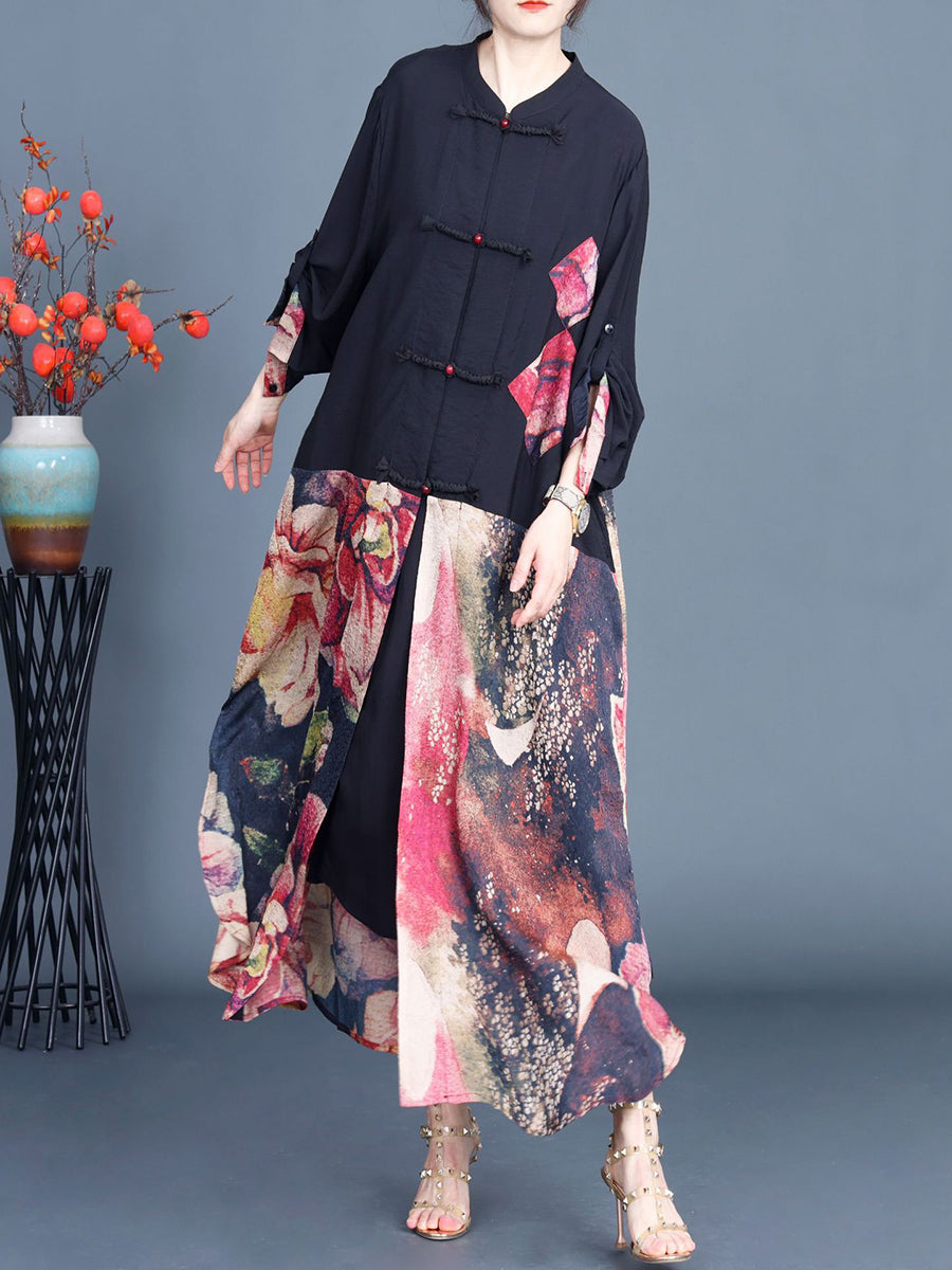 Women Summer Ethnic Flower Spliced Long Shirt Coat QW1008