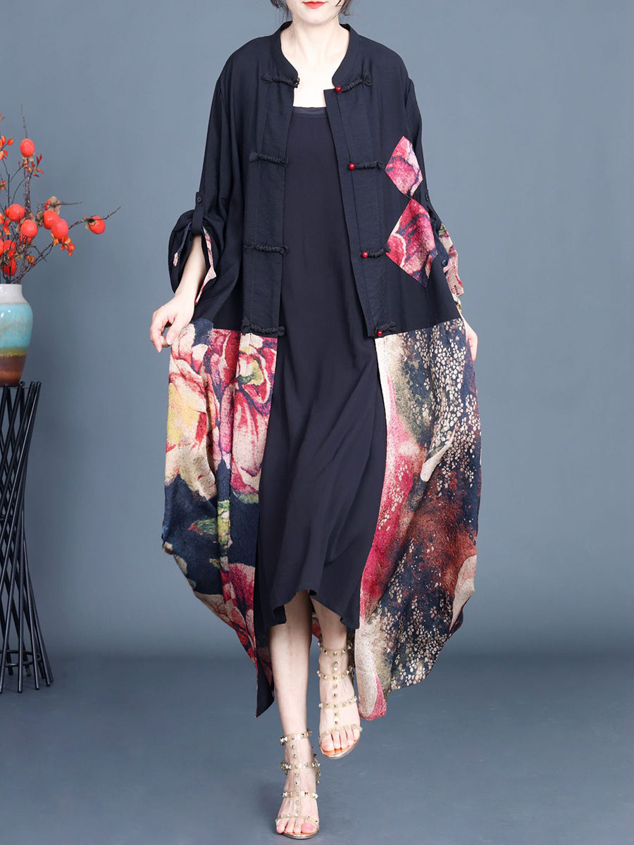 Women Summer Ethnic Flower Spliced Long Shirt Coat QW1008