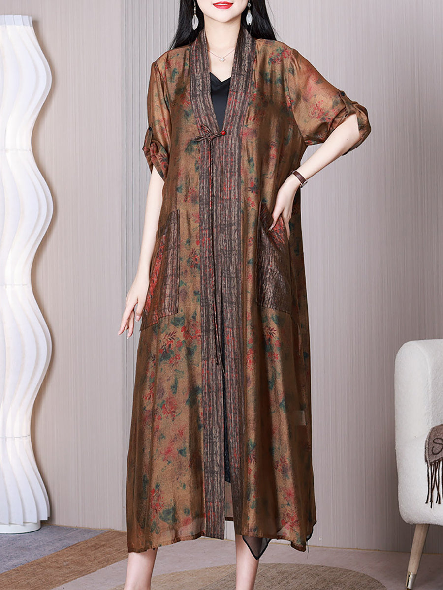 Women Summer Retro Floral Spliced Silk Long Shirt Coat QW1009