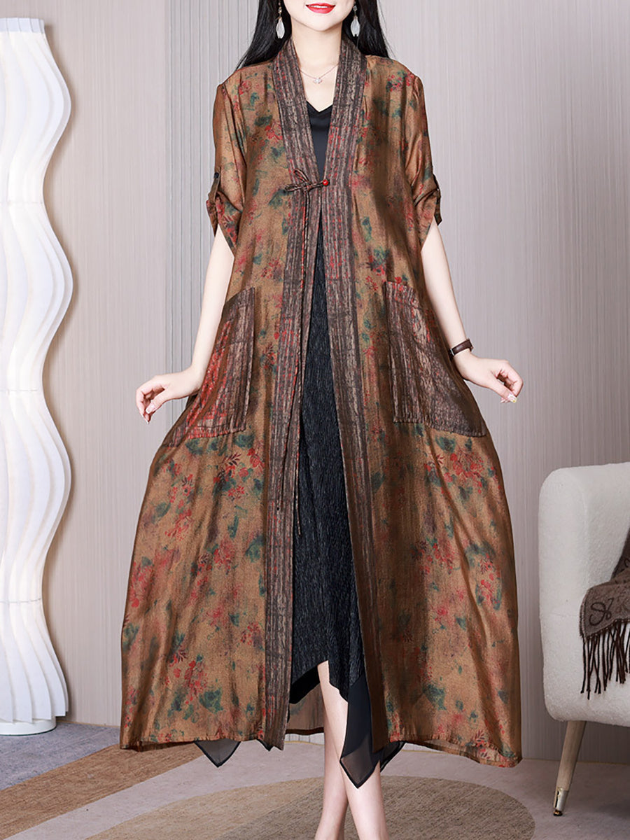 Women Summer Retro Floral Spliced Silk Long Shirt Coat QW1009