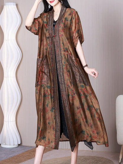 Women Summer Retro Floral Spliced Silk Long Shirt Coat QW1009