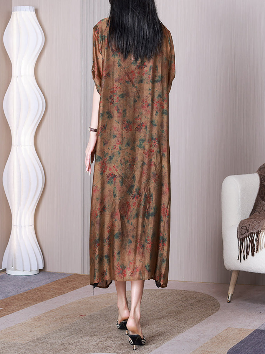 Women Summer Retro Floral Spliced Silk Long Shirt Coat QW1009