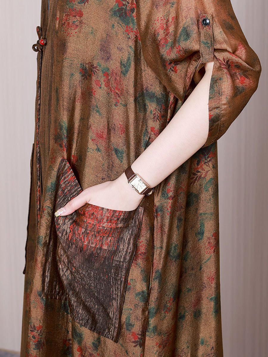 Women Summer Retro Floral Spliced Silk Long Shirt Coat QW1009