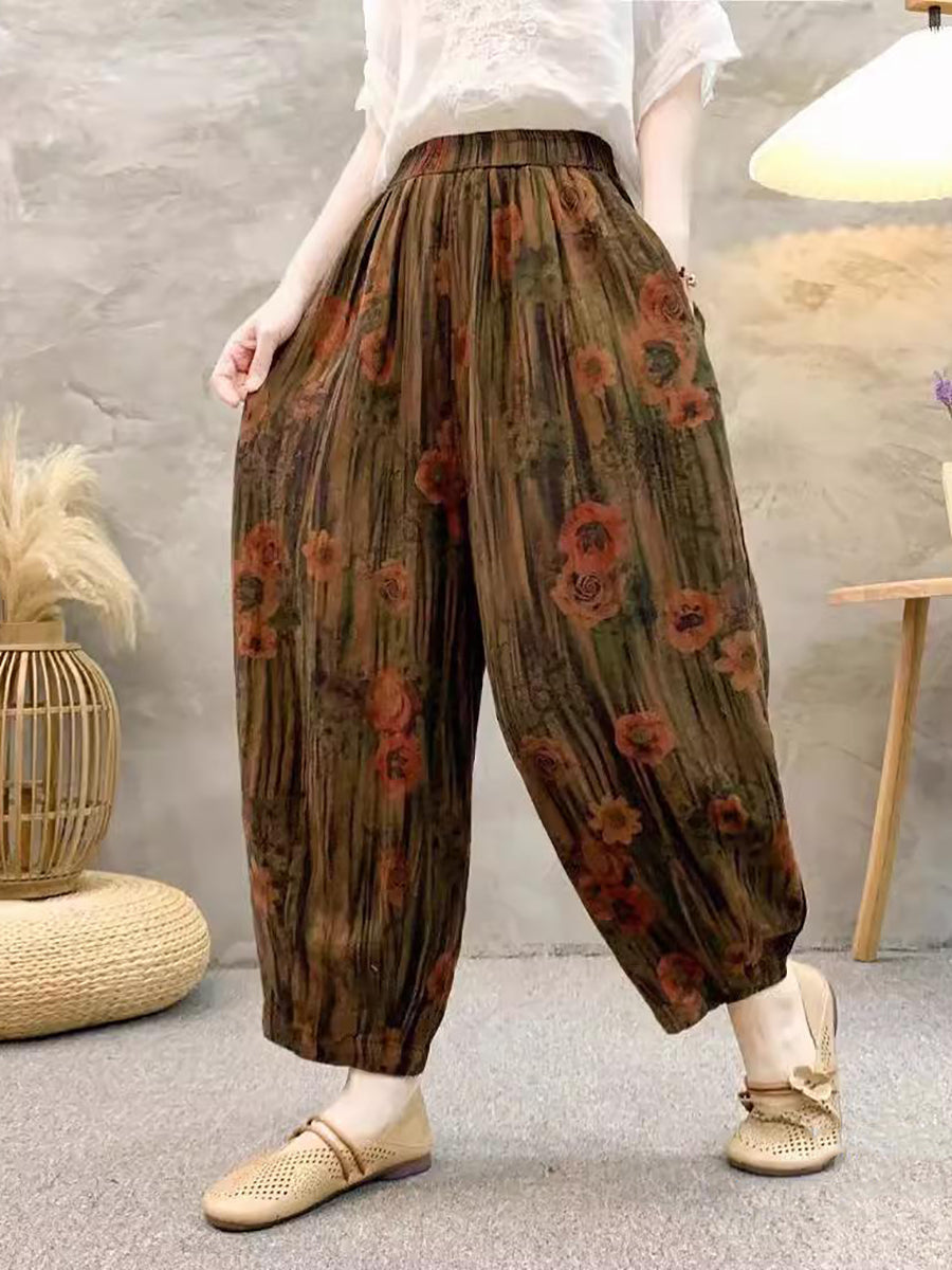 Damen Retro Sommer Blumen Leinen Haremshose QW1011