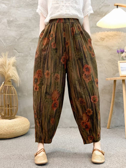 Women Retro Summer Flower Linen Harem Pants QW1011