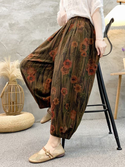 Women Retro Summer Flower Linen Harem Pants QW1011