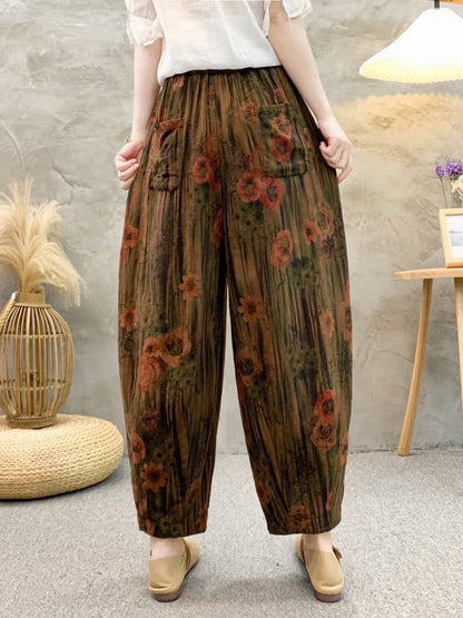 Women Retro Summer Flower Linen Harem Pants QW1011