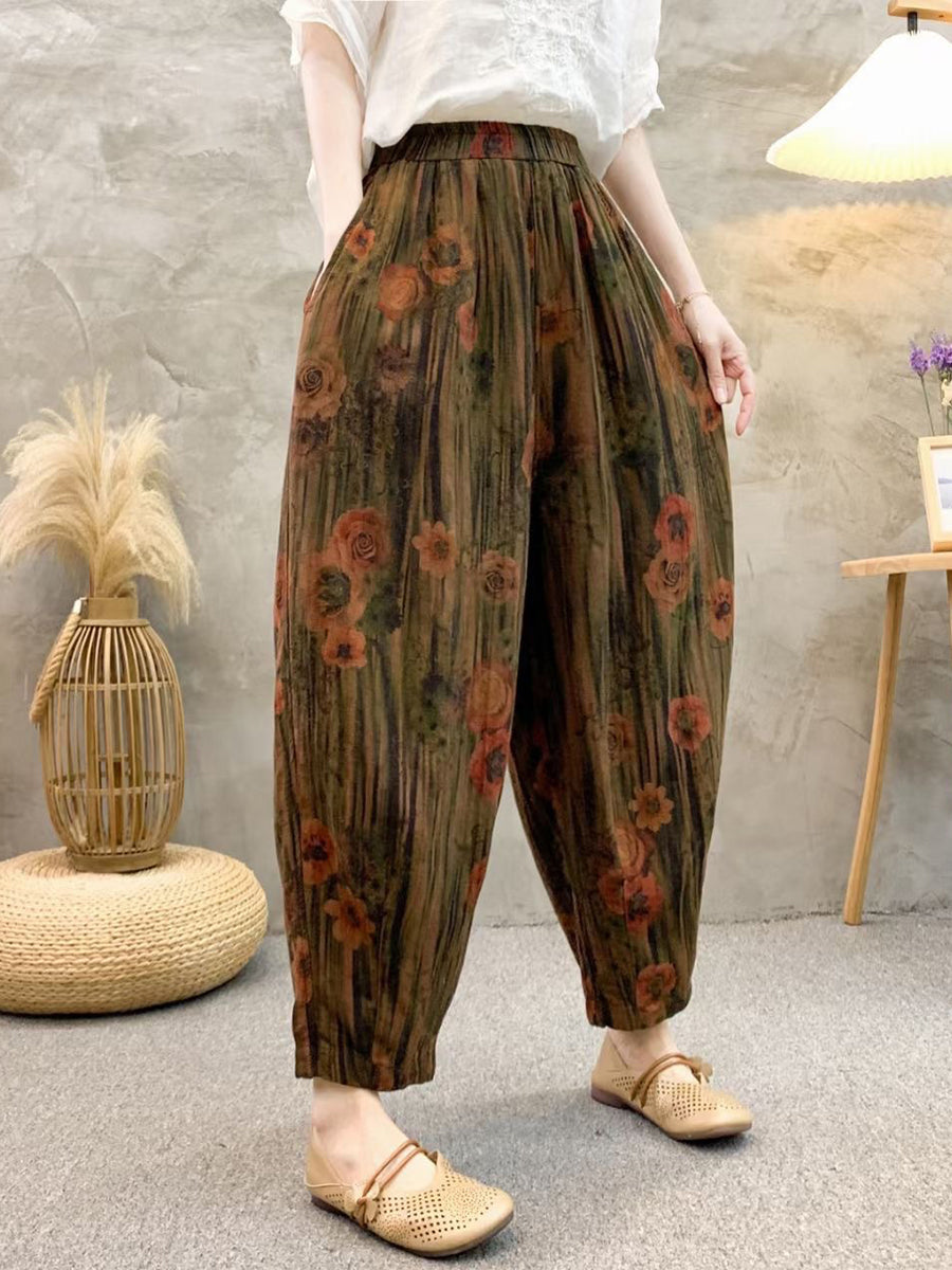 Women Retro Summer Flower Linen Harem Pants QW1011