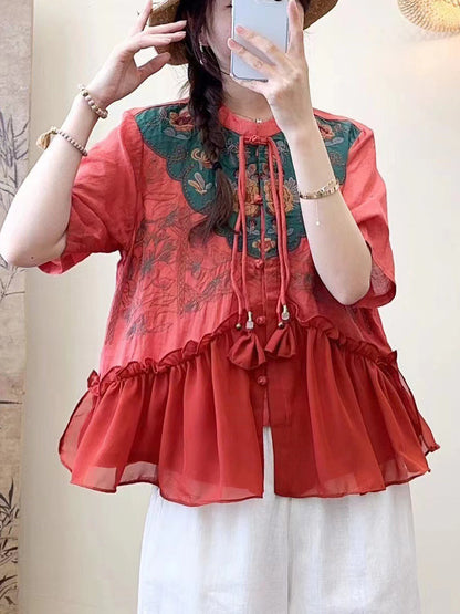 Women Summer Ethnic Embroidery Jacquard Shirt QW1012