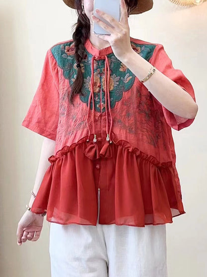 Women Summer Ethnic Embroidery Jacquard Shirt QW1012