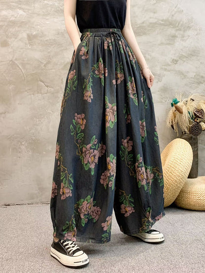 Women Summer Casual Flower Denim Wide-leg Pants QW1013