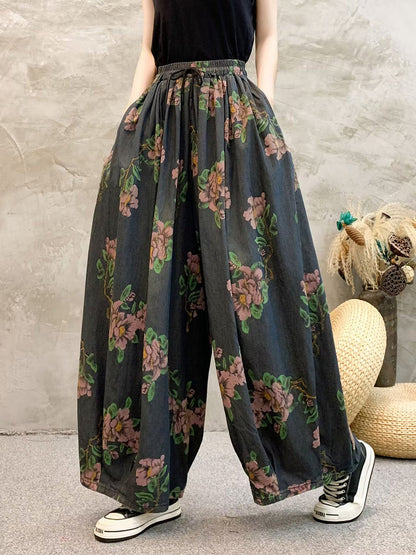 Women Summer Casual Flower Denim Wide-leg Pants QW1013