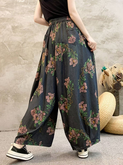 Women Summer Casual Flower Denim Wide-leg Pants QW1013