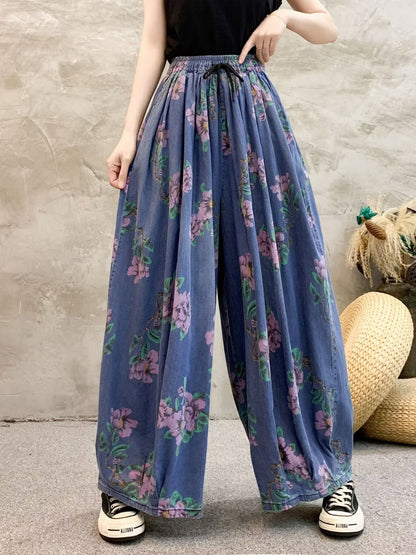 Women Summer Casual Flower Denim Wide-leg Pants QW1013