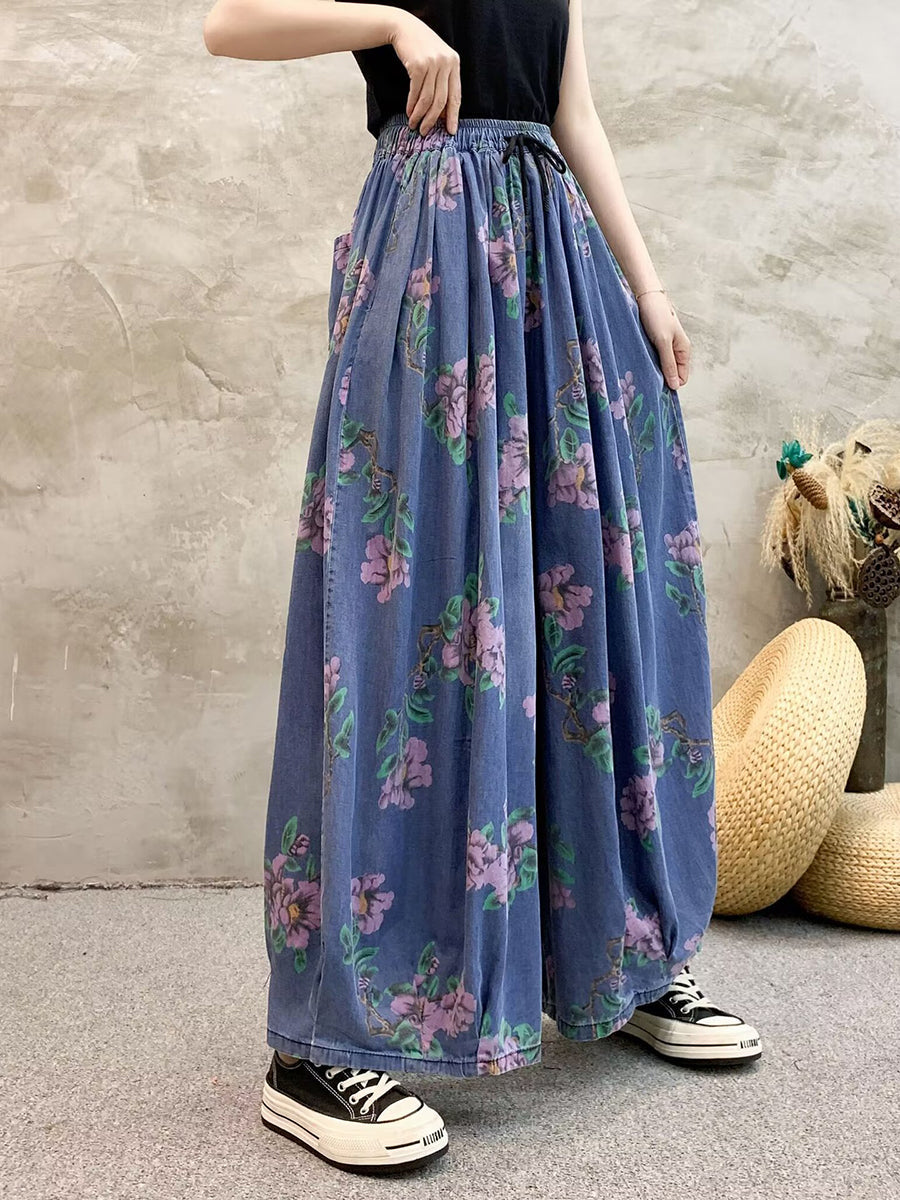 Women Summer Casual Flower Denim Wide-leg Pants QW1013