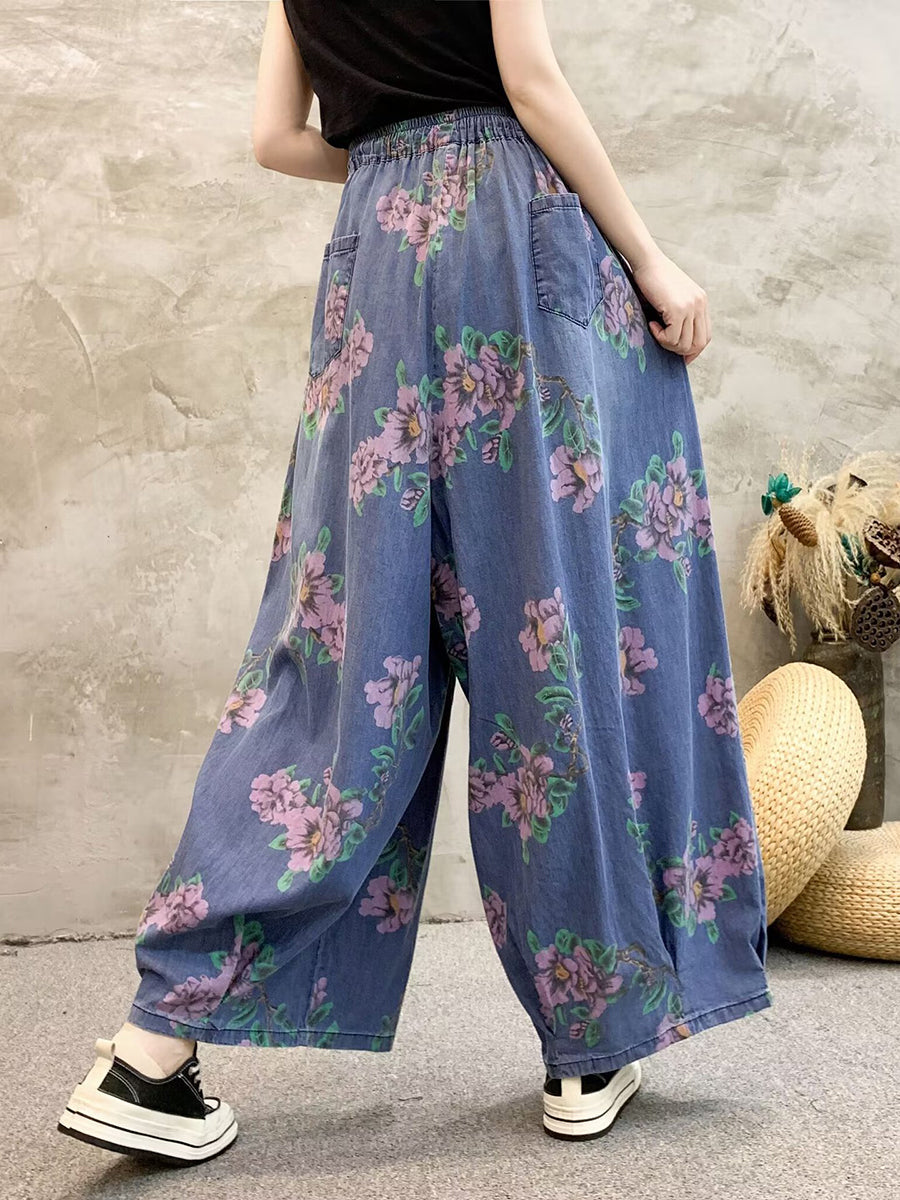 Women Summer Casual Flower Denim Wide-leg Pants QW1013