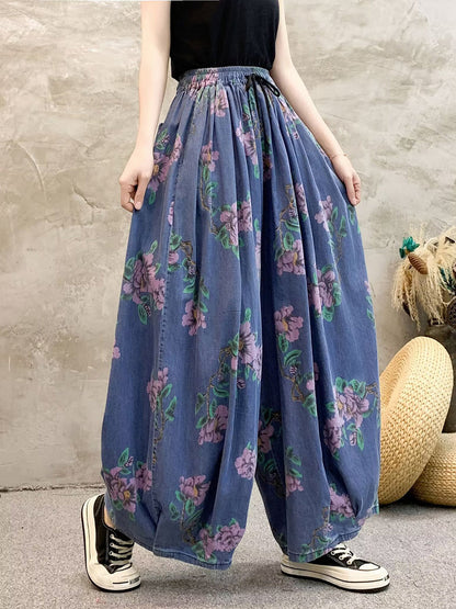 Women Summer Casual Flower Denim Wide-leg Pants QW1013