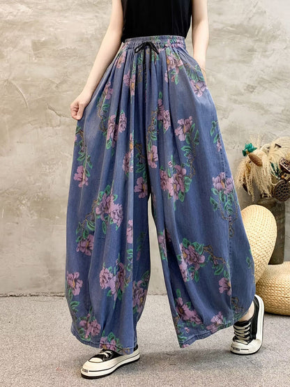 Women Summer Casual Flower Denim Wide-leg Pants QW1013