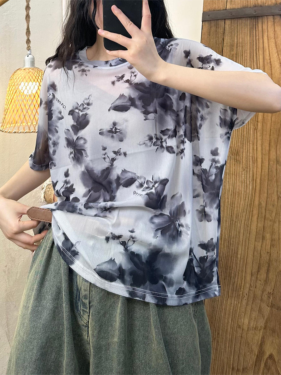 Women Summer Artsy Flower Worn Pullover Shirt QW1017