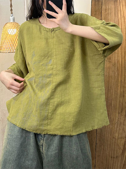 Women Summer Artsy Flower Print Linen Shirt QW1018