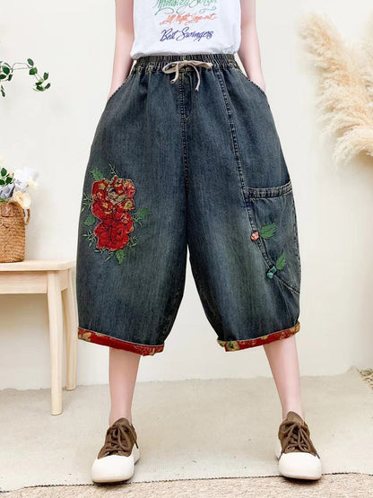 Women Summer Vintage Flower Embroidery Denim Pants QW1024