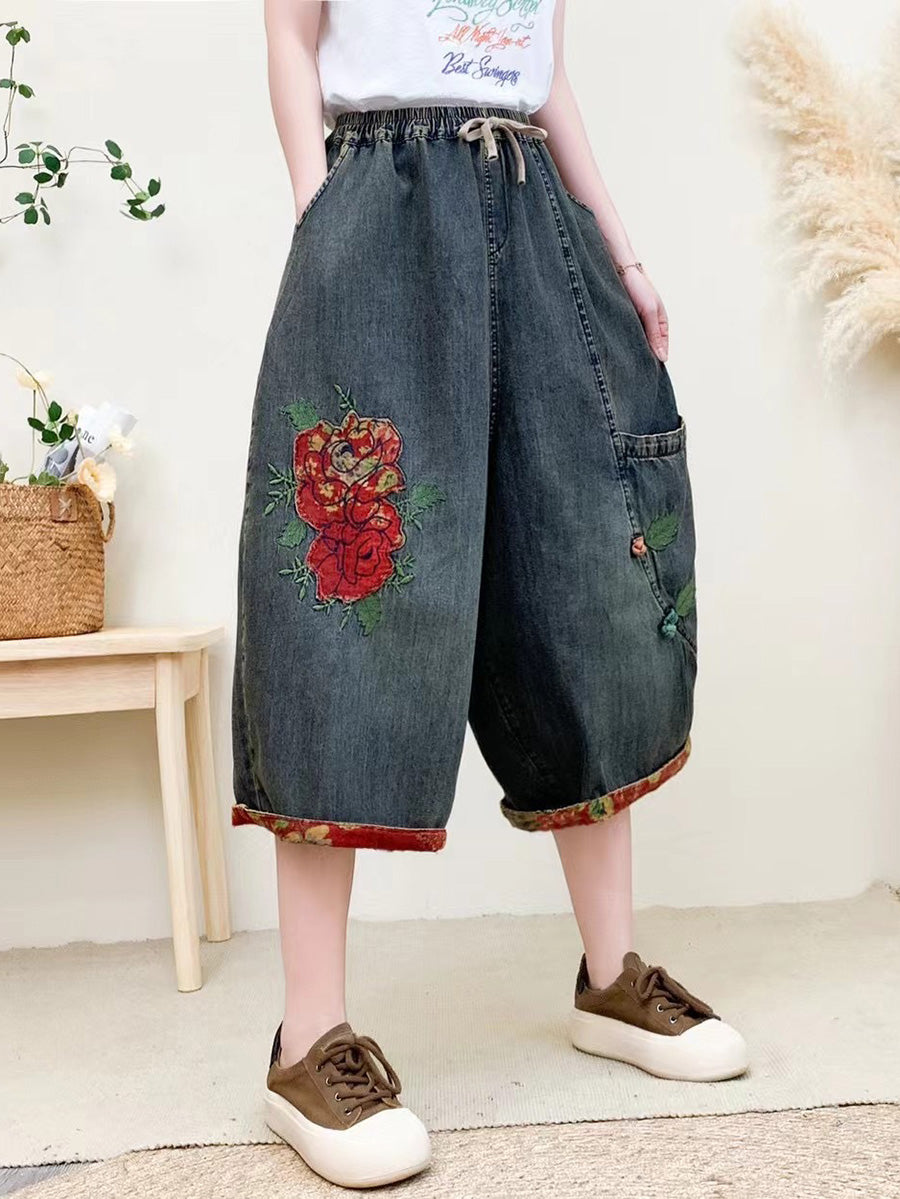 Women Summer Vintage Flower Embroidery Denim Pants QW1024