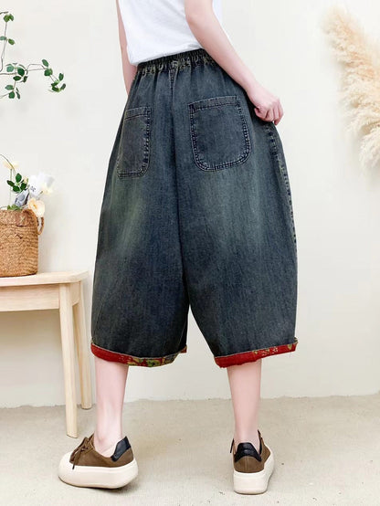 Women Summer Vintage Flower Embroidery Denim Pants QW1024