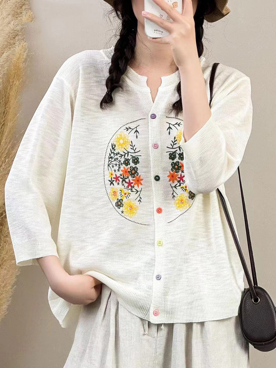 Women Spring Floral Embroidery Button-up Shirt QW1025