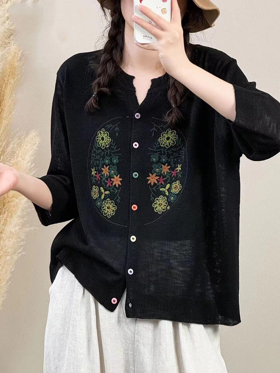 Women Spring Floral Embroidery Button-up Shirt QW1025