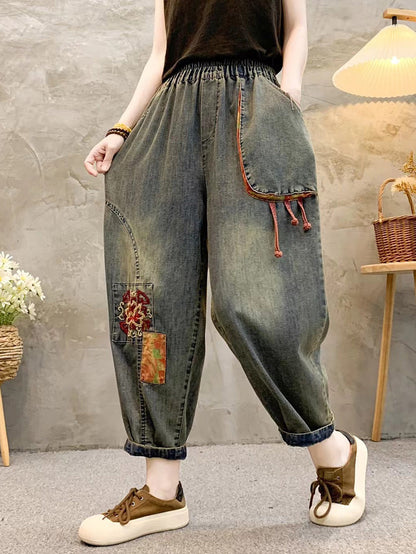 Women Retro Patch Embroidery Denim Harem Pants QW1026