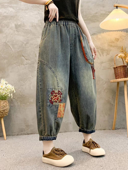 Women Retro Patch Embroidery Denim Harem Pants QW1026