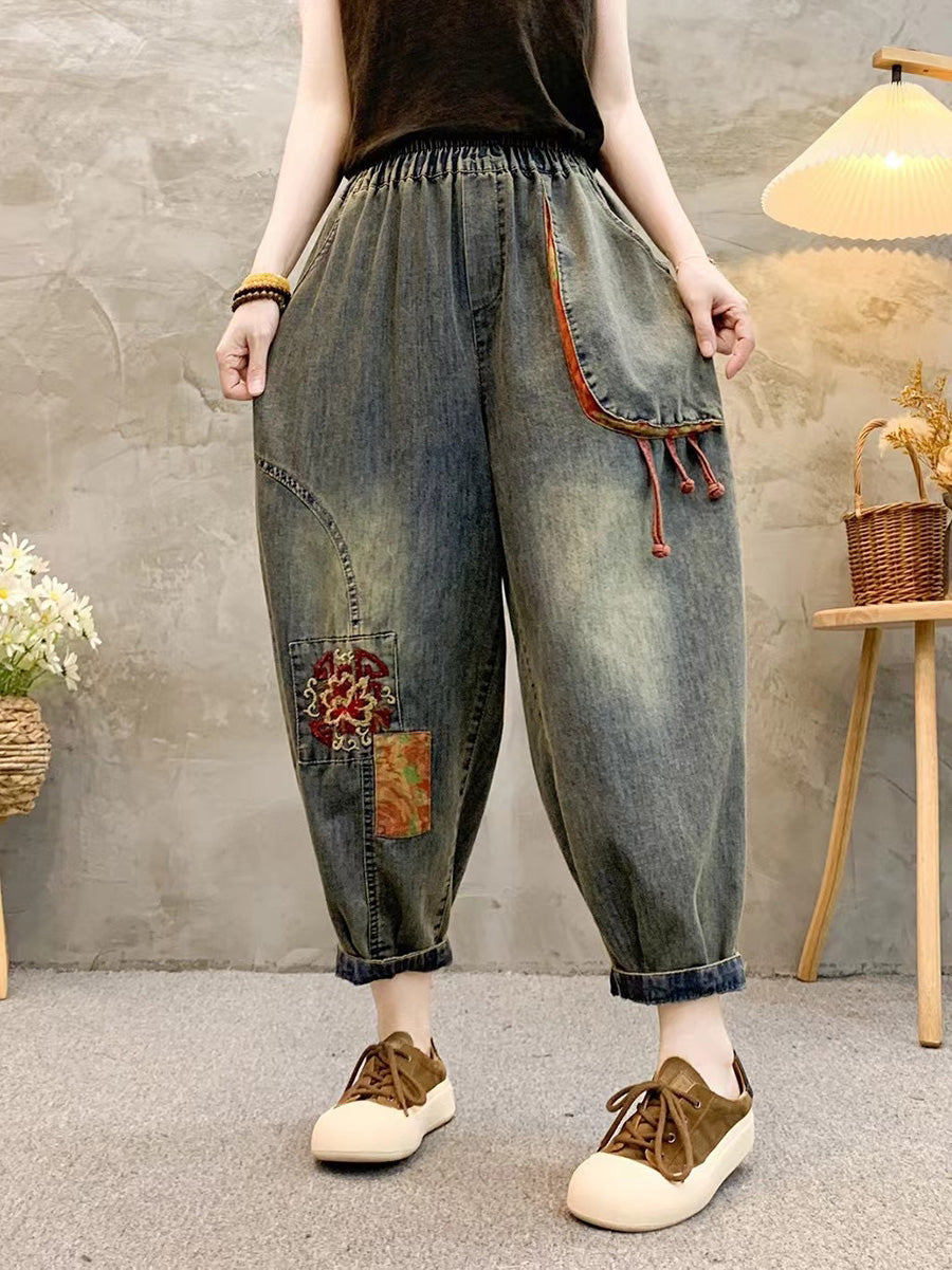 Women Retro Patch Embroidery Denim Harem Pants QW1026