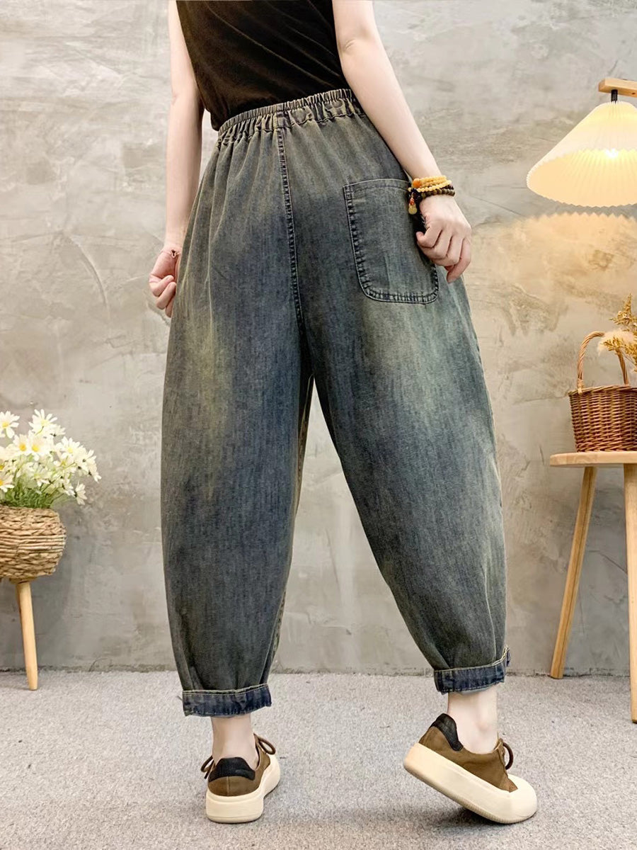 Women Retro Patch Embroidery Denim Harem Pants QW1026