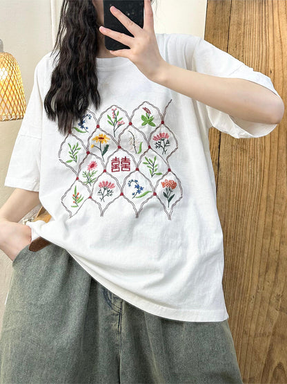 Women Ethnic Flower Embroidery Cotton Summer Shirt WE1047