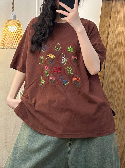 Women Ethnic Flower Embroidery Cotton Summer Shirt WE1047