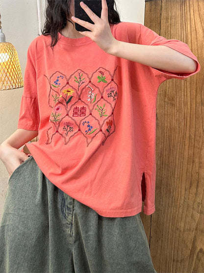 Women Ethnic Flower Embroidery Cotton Summer Shirt WE1047