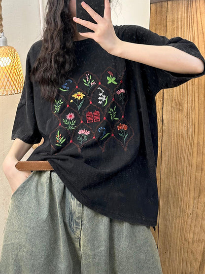 Women Ethnic Flower Embroidery Cotton Summer Shirt WE1047