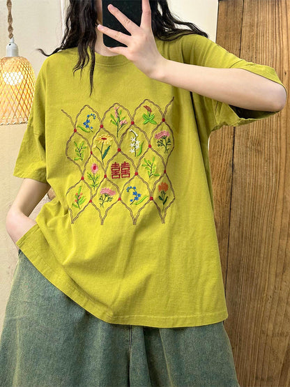 Women Ethnic Flower Embroidery Cotton Summer Shirt WE1047