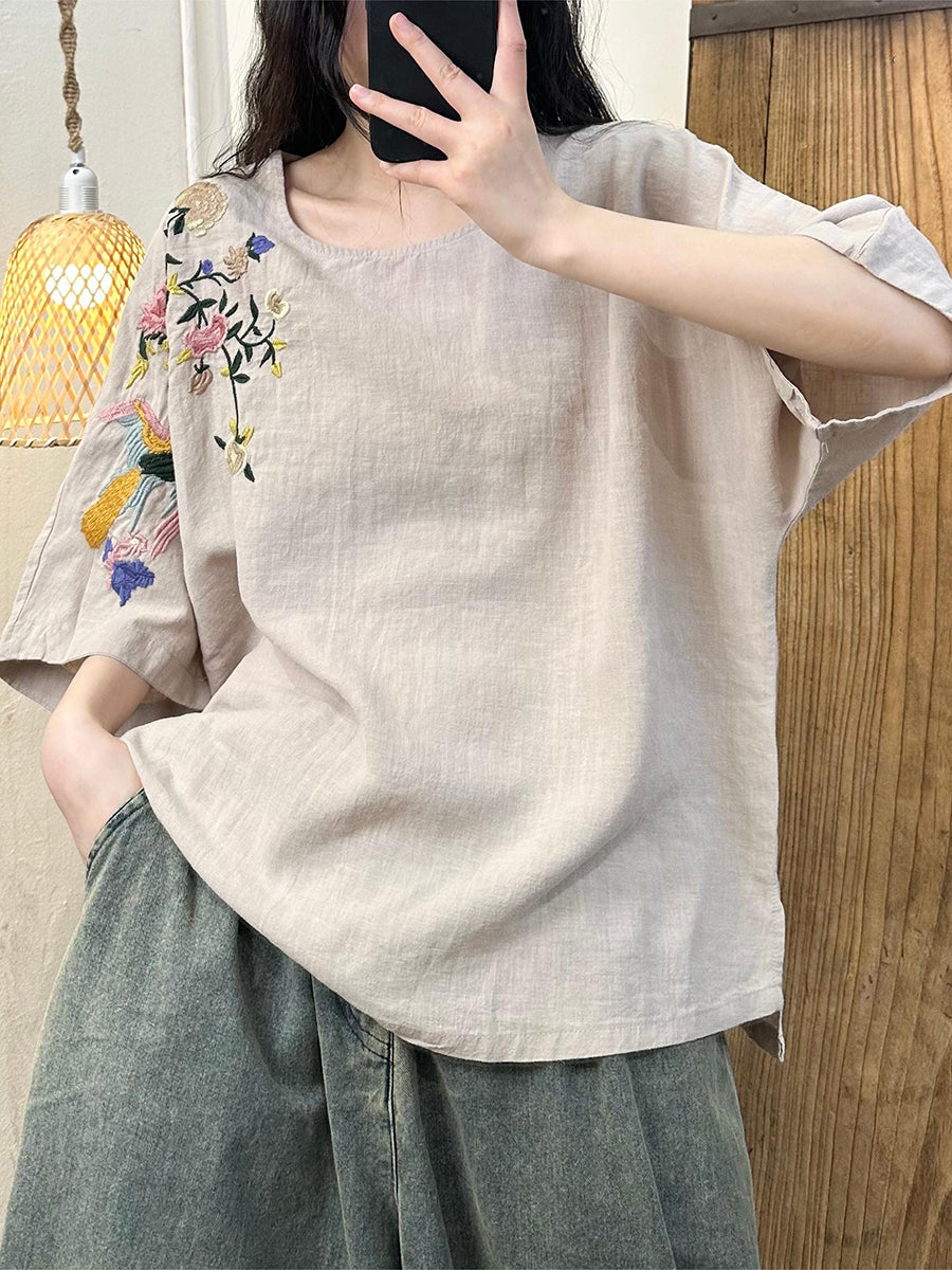 Women Summer Flower Embroidery Cotton Loose Shirt WE1043