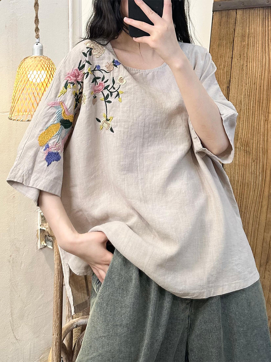 Women Summer Flower Embroidery Cotton Loose Shirt WE1043